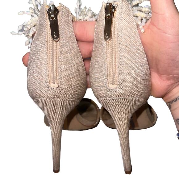 Sam Edelman Gillie Sand Linen Stilettos Open Toe Heels Beaded Size 7.5, 4'' Heel - Picture 9 of 13
